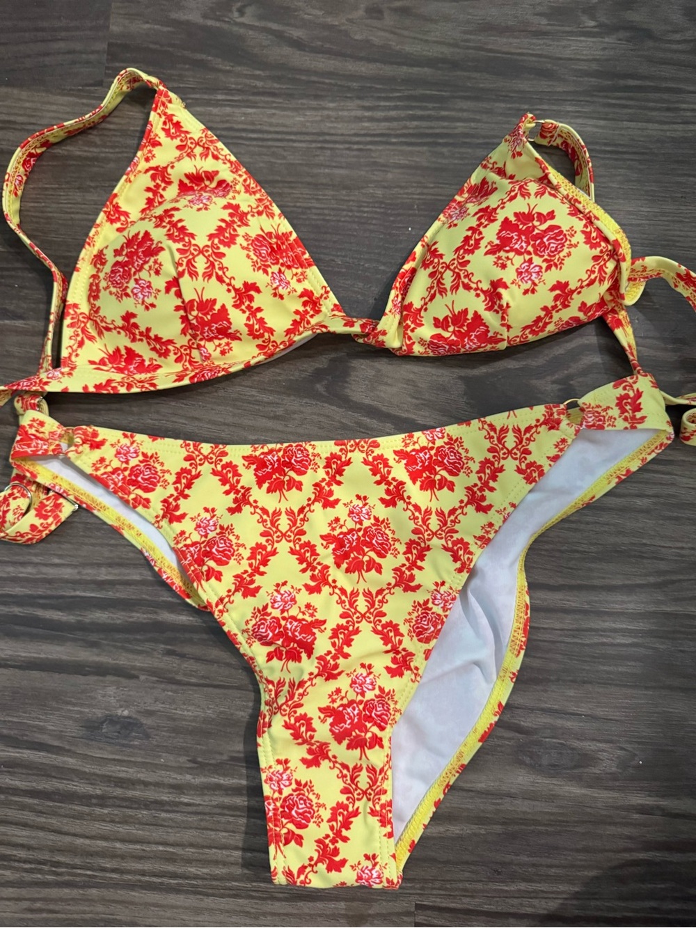 Never worn!! Yellow & Red Floral Triangle Bikini Set